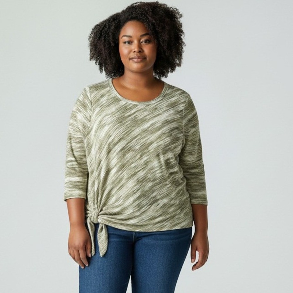 Bobeau Side Tie Knit Top Olive Green Spacedye 3/4 Sleeve Women 2X